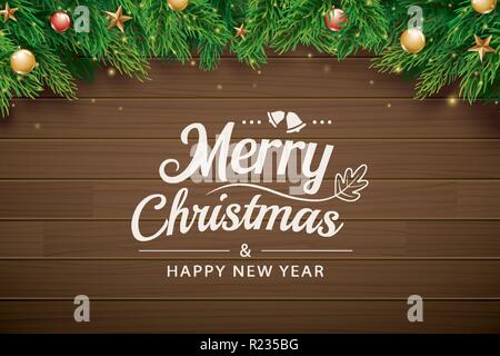 Carte de vœux de Noël avec des branches de sapin sur fond de bois brun. Vector illustration bonne année. Pour utiliser la bannière, de l'affiche. Illustration de Vecteur