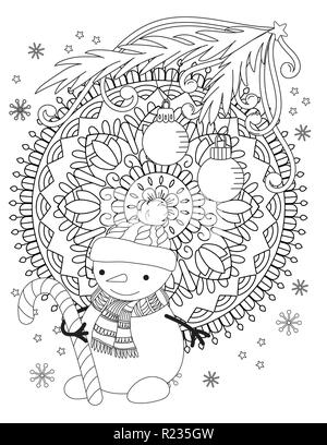 Coloriages de Noël. Livre de coloriage adultes. Cute snowman avec écharpe et chapeau tricoté. Hand drawn vector illustration. Illustration de Vecteur