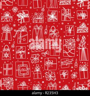 Des cadeaux de Noël sur fond rouge. Modèle sans couture. Hand drawn cartoon boîtes cadeaux de formes diverses. Vector illustration . Illustration de Vecteur