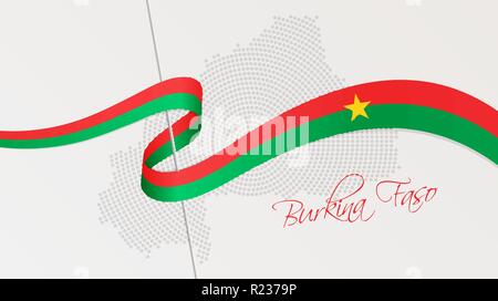 Illustration Vecteur de résumé carte demi-teinte en pointillés radiale du Burkina Faso et ruban ondulé avec des couleurs du drapeau national pour votre graphique et web design Illustration de Vecteur