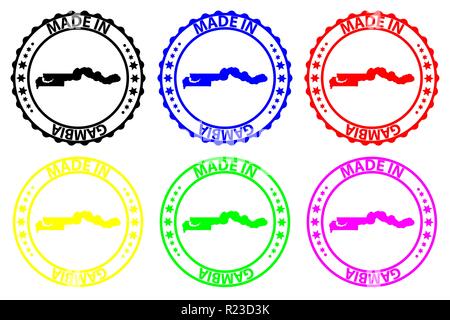 Faite en Gambie - timbres en caoutchouc - vecteur, la Gambie carte - bleu, vert, jaune, violet et rouge Illustration de Vecteur