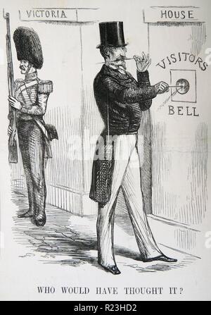 L'empereur Napoléon III (1808-1873) de la France et de l'Impératrice Eugénie a effectué une visite d'Etat en Angleterre au 21 avril 1855. Caricature de ''punch'' Devenez tuteur à Londres, 1855. Banque D'Images