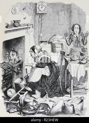 Probleme de fonctionnaires - femme au foyer trouve son cuisinier général plongé dans un roman romantique tandis que la cuisine est dans le chaos. Illustration par George Cruikshank (1792 à 1878. Banque D'Images