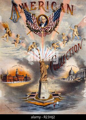 Collection américaine. La preuve avec des marques d'enregistrement de musique en feuilles pour couvrir la 'Collection' montrant la Statue de la liberté, de l'Independence Hall à Philadelphie, le Capitole à Washington, D.C., un buste portrait de George Washington flanqué de deux drapeaux américains et six chérubins. Banque D'Images
