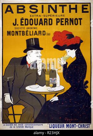 Publicité pour l'Absinthe supérieure extra-J. Edouard Pernot. Societe Anonyme Montbeliard (Doubs) Mont-Christ de liqueur. Affiche montrant un homme et une femme dans un café, il sourit et regarde comme elle goûte sa boisson. Banque D'Images