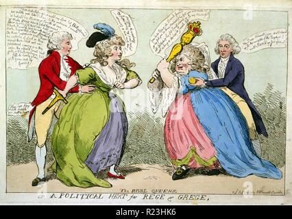 Les reines rivales ou politique de la chaleur pour Rege & Grege. Une rencontre entre deux femmes, Maria Fitzherbert stout et Mme Schwellenberg, chacune avec un deuxième : le Prince de Galles, ses mains sur sa femme par la taille, et Pitt tendent un citron pour la femme allemande, furieux qui soulève un énorme sceptre à deux mains pour frapper son adversaire. Banque D'Images