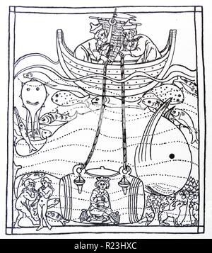 Dessin de ligne médiévale d'Alexandre le Grand en ordre décroissant jusqu'au fond de la mer dans un tonneau de verre pour étudier les poissons. En date du 12e siècle Banque D'Images