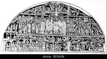 Le tympan de la Conquête. C'est message est écrit dans la Vulgate adapté. Le Christ est représenté dans le centre avec un parchemin dans sa main droite qui se lit "Venez, vous qui êtes bénis de mon père ; prenez possession du Royaume qui vous a été préparé" et dans sa gauche : 'Depart vous de moi, maudits". En date du 13e siècle Banque D'Images