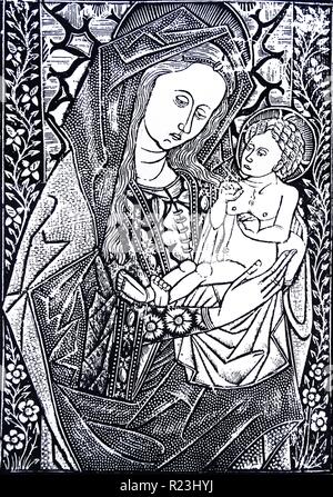 Imprimer de la Vierge à l'enfant de maniere criblee (style pointillé). Elle a été créée à l'aide de plaques métalliques pour donner l'effet d'être criblée de trous. En date du 15e siècle Banque D'Images