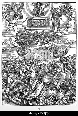 Martin Luther : Préface de l'Apocalypse de Jean ( 1522) : Vorrede zur Offenbarung Johannes (1522). Apocalypse en chiffres ; gravure sur bois par Albrecht durer ; la bataille des anges (quatre anges vengeurs de l'Euphrate). L'Apocalypse de Saint Jean (Apocalypse, VII. La figure). Banque D'Images