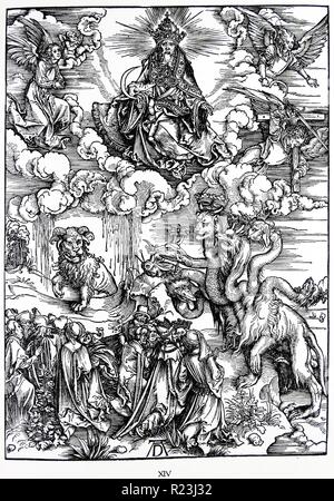 Martin Luther : Préface de l'Apocalypse de Jean ( 1522) : Vorrede zur Offenbarung Johannes (1522). Apocalypse en chiffres ; gravure sur bois par Albrecht durer ; le monstre de mer et la bête à cornes de l'agneau. L'Apocalypse de Saint Jean Banque D'Images