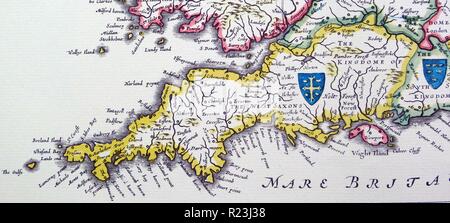 Boucliers de Wessex et Sussex de l'Heptarchie ; un nom collectif appliqué à les royaumes anglo-saxons du sud, l'Est, et le centre de l'Angleterre durant l'antiquité tardive et le haut Moyen Age, détail d'une carte antique de la Grande-Bretagne, par le cartographe Hollandais Willem Blaeu Atlas Novus (Amsterdam en 1635) Banque D'Images