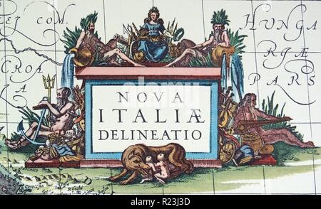 Figures allégoriques et mythologiques dont Romulus et Remus. (Détail d'une carte de l'Italie 1631, par Johannes Blaeu en fonction d'une carte par Giovanni Antonio Magini (d. 1617). Nova Italia Delineatio, 1631, par J. Blaeu (1598-1673) Banque D'Images