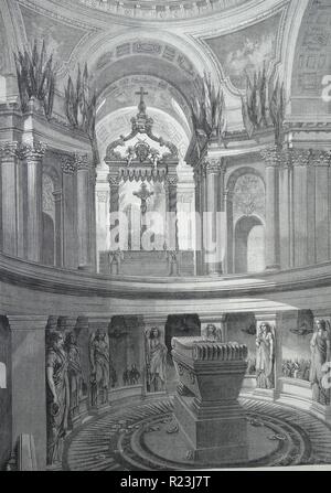 Illustration représentant le tombeau de Napoléon Bonaparte (1769-1821) à l'intérieur des Invalides, France. Datée 1822 Banque D'Images