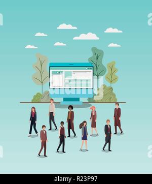 Les personnes travaillant dans un mini-ordinateur de bureau Illustration de Vecteur