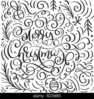 Joyeux Noël sur fond blanc avec des éléments de noël vecteur épanouir doodles de calligraphie. Beau motif pour un papier cadeau luxe, t-shirts, cartes de vœux Illustration de Vecteur