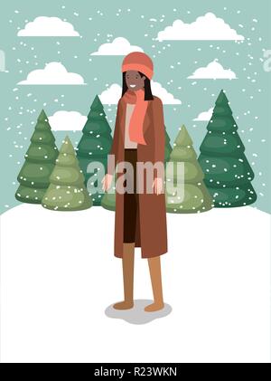 Femme en noir avec des vêtements d'hiver snowscape Illustration de Vecteur