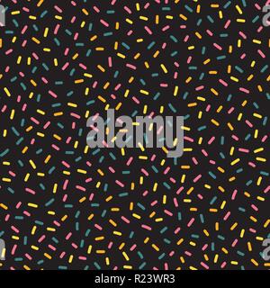 Partie décorative transparente sprinkles répéter motif vecteur. Bleu, jaune et rose candy kids party décor sur fond noir. Idéal pour anniversaire, carte, invitation, l'emballage, de la célébration, pour les enfants, boulangerie Illustration de Vecteur