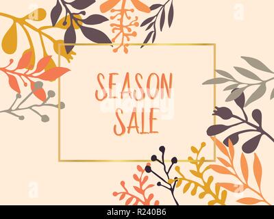 Vente saison vecteur texte dessiné à la main avec des feuilles sur fond beige. Vente saison illustration lettrage. Offre Spéciale publicité pour flyer, affiches, bannières, imprime Illustration de Vecteur