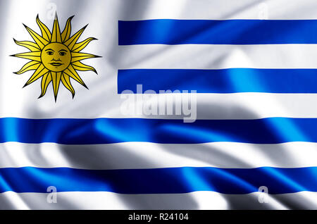 L'Uruguay, gesticulant, 3D illustration drapeau gros plan avec des réflexions. Utilisable pour l'arrière-plan et la texture. Banque D'Images
