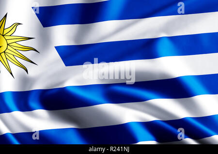 L'Uruguay, gesticulant, 3D illustration drapeau gros plan avec des réflexions. Utilisable pour l'arrière-plan et la texture. Banque D'Images
