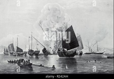 L'aquatinte de la East India Company's steamship Nemesis détruisant les jonques de guerre chinois à Chuenpee. Imprimer par E. Duncan. Datée 1841 Banque D'Images