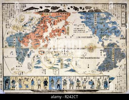 Impression couleur diptyque japonais montrant une carte du monde avec des images en médaillon des personnes étrangères. Datée 1825 Banque D'Images