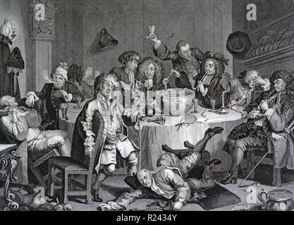 Gravure de l'artiste britannique & graveur, William Hogarth 1697-1764 : 'une conversation moderne minuit 18e siècle Banque D'Images