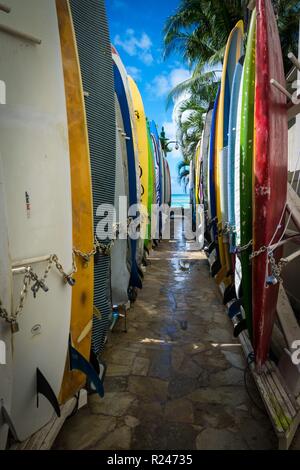 Des planches de surf sur la plage de Waikiki, Oahu, Hawaii Banque D'Images