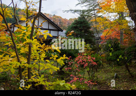 Le long de la rue Bukeyashiki à Kakunodate, du Japon à l'apogée de la couleur de l'automne. Banque D'Images