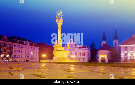 Vue de nuit allumé sur la colonne de la Trinité place Unirii, Timisoara, Roumanie Banque D'Images