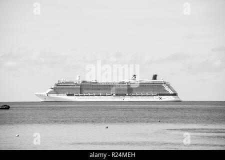 Great Stirrup Cay, Bahamas - janvier 08, 2016 : paquebot navire en mer le ciel bleu. Transport de l'eau, bateau, transport. Vacances, Voyage, voyage de découverte de l'aventure de voyage Banque D'Images