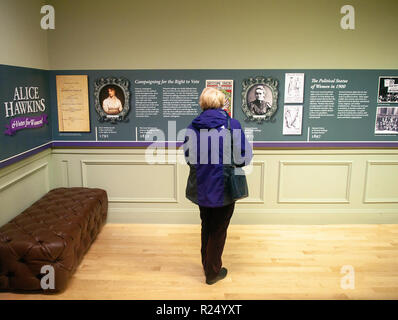 Leicester, Royaume-Uni. 16 novembre 2018. Alice Hawkins et le vote des femmes à l'exposition New Walk Museum & Art Gallery, Leicerster, UK. Banque D'Images