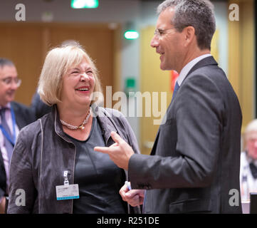 Bruxelles, Belgique. 16 Nov 2018. L'allemand Secrétaire Parlementaire d'État aux Finances Bettina Hagedorn (L) parle avec le Ministre autrichien des finances, Hartwig Loeger (R) avant une réunion des ministres du Budget de l'UE dans le bâtiment EUropa, le Conseil de l'UE sur l'administration centrale le 16 novembre 2018 - PAS DE SERVICE DE FIL Photo : Thierry Monasse/dpa dpa : Crédit photo alliance/Alamy Live News Banque D'Images