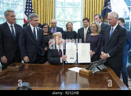 Washington, District de Columbia, Etats-Unis. 16 Nov, 2018. Le Président des Etats-Unis, Donald J. Trumpsigns la cybersécurité et la sécurité de l'infrastructure dans la Loi sur l'Agence le bureau ovale de la Maison Blanche à Washington, DC le vendredi 16 novembre, 2018. Le Président a également répondu aux questions de journalistes Crédit : Ron Sachs/CNP/ZUMA/Alamy Fil Live News Banque D'Images