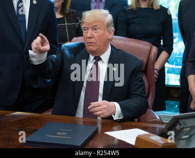 Le Président des Etats-Unis, Donald J. Trump signe la cybersécurité et la sécurité de l'infrastructure dans la Loi sur l'Agence le bureau ovale de la Maison Blanche à Washington, DC le vendredi 16 novembre, 2018. Le Président a également répondu aux questions de journalistes. Credit : Ron Sachs / Piscine d'utilisation dans le monde entier via CNP | Banque D'Images