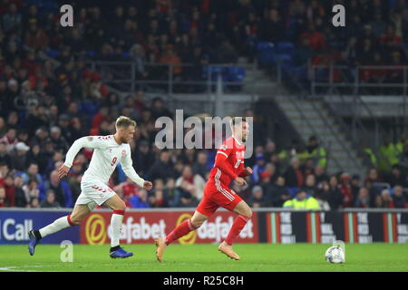 16 novembre 2018 l'UEFA N, l'UEFA Ligue des Nations Unies correspondent à Pays de Galles / Danemark au Cardiff City Stadium. Dans l'action est un footballeur professionnel Aaron Ramsey d'Arsenal et l'équipe nationale du Pays de Galles. Actualités uniquement. Crédit : www.garethjohn.uk/Alamy Vivre NewsATIONS ligue. Pays de Galles / Danemark Banque D'Images