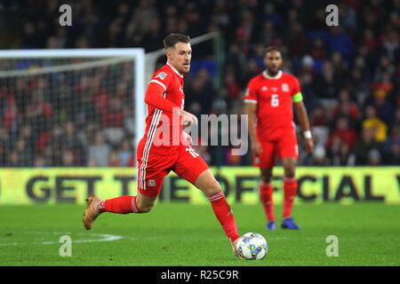 16 novembre 2018 l'UEFA N, l'UEFA Ligue des Nations Unies correspondent à Pays de Galles / Danemark au Cardiff City Stadium. Dans l'action est un footballeur professionnel Aaron Ramsey d'Arsenal et l'équipe nationale du Pays de Galles. Actualités uniquement. Crédit : www.garethjohn.uk/Alamy Vivre NewsATIONS ligue. Pays de Galles / Danemark Banque D'Images