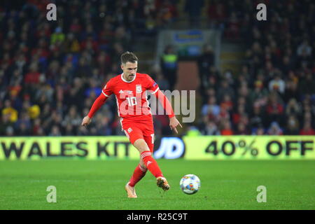 16 novembre 2018 l'UEFA N, l'UEFA Ligue des Nations Unies correspondent à Pays de Galles / Danemark au Cardiff City Stadium. Dans l'action est un footballeur professionnel Aaron Ramsey d'Arsenal et l'équipe nationale du Pays de Galles. Actualités uniquement. Crédit : www.garethjohn.uk/Alamy Vivre NewsATIONS ligue. Pays de Galles / Danemark Banque D'Images