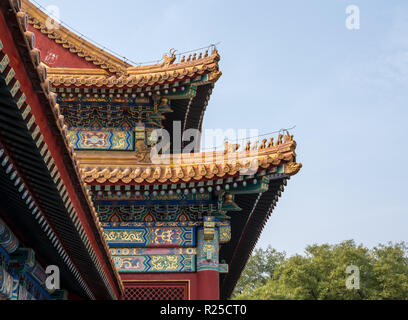 Détails de toiture et gravures dans la Cité Interdite à Beijing Banque D'Images