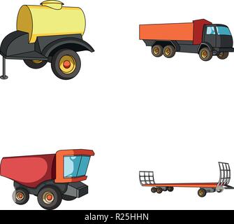 Remorque avec un baril, camion et d'autres appareils agricoles. Jeu de machines agricoles dans les icônes de la collection cartoon style symbole vecteur illustra stock Illustration de Vecteur