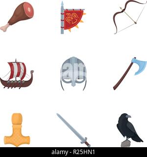 Anciens guerriers vikings sur le navire. Tenue et symboles de l'icône de Vikings Vikings.set collection sur cartoon style symbole vecteur web stock Illustration de Vecteur