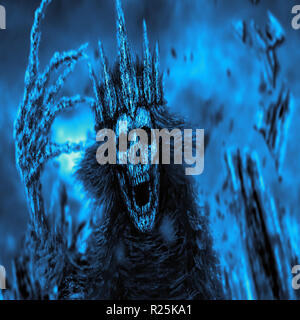 La reine sombre avec couronne tire la main osseuse. Couvercle bleu. Illustration Fantasy. Banque D'Images