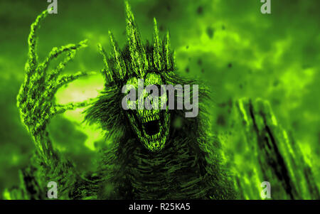 La reine sombre avec couronne tire la main osseuse. Illustration Fantasy. Couleur de fond vert. Banque D'Images