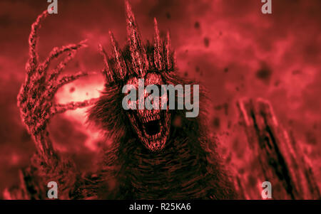 La reine sombre avec couronne tire la main osseuse. Illustration Fantasy. Couleur de fond rouge. Banque D'Images