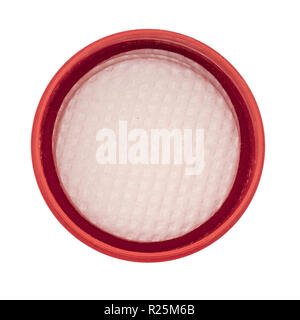 Nail varnish, polish remover with cotton pads in red plastic container isolated on white. Banque D'Images