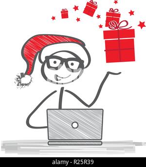 Santa Claus achats en ligne sur ordinateur. Le Père Noël à l'aide d'un ordinateur portable et commande de cadeaux Illustration de Vecteur