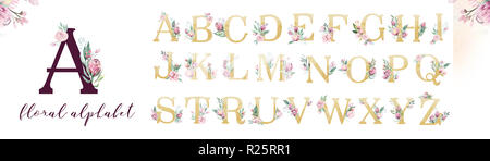 Gold glitter lettre alphabet. Or isolé 2002 polices de caractères et chiffres sur fond blanc. Mariage floral font composer illustration Banque D'Images