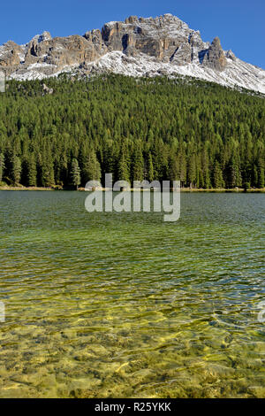 Vue sur le lac de Misurina, avec la forêt dense, à la chaîne de montagnes Cadini di Misurina, province Belluno, Italie Banque D'Images