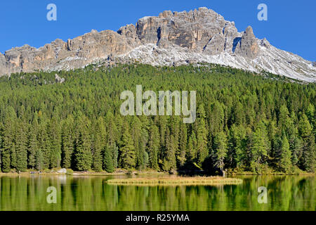 Vue sur le lac de Misurina, avec la forêt dense, à la chaîne de montagnes Cadini di Misurina, province Belluno, Italie Banque D'Images